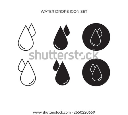 Minimalist icons depicting two water droplets in outline, filled, and inversed styles.