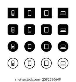 minimalist icons, electronic devices, MP3
player, smartphone, tablet, laptop, black and
‘white, simple shapes, geometric design, tech
symbols, user interface elements, lat design,
vector.