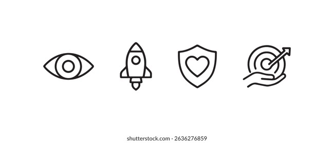 Minimalist icons: eye, rocket, shield with heart, hand with target.