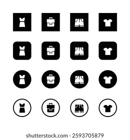 Minimalist icons, fashion and clothing symbols, black and white design, square icons, circular icons, dress icon, briefcase icon, shorts icon, t-shirt icon, simple shapes, geometric patterns, clean.