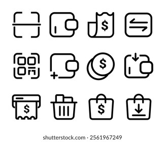 Minimalist Icons for Financial Transactions. collection of vector icons representing various financial transactions and operations in a modern style.