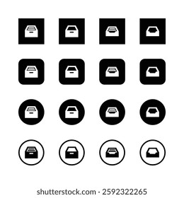 Minimalist icons, fle storage symbols, black
and white design, archive boxes, document
‘organization, simplified graphics, square and
circular backgrounds, consistent iconography.
user interface.