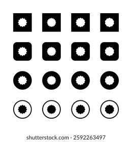 Minimalist icons, geometric shapes, black and
‘white, star-like pattems, circular designs,
square frames, rounded edges, symmetrical
layout, abstract symbols, clean lines, graphic.
design elements.