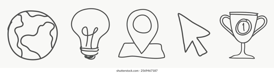 Minimalist icons: globe, lightbulb, map pin, cursor, trophy. Simple line art for universal concepts: globe, lightbulb, map pin, cursor, trophy. Hand drawn business elements, vector set.