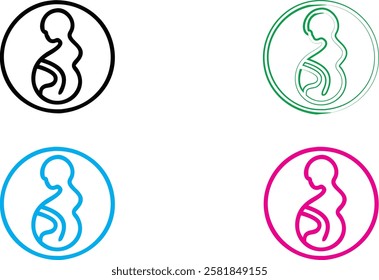 Minimalist icons, mother and baby silhouettes, circular designs, black white blue pink color scheme, nurturing pose, maternal care symbols, simplified human forms, pregnancy illustration, breastfeedin