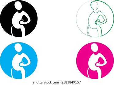 Minimalist icons, mother and baby silhouettes, circular designs, black white blue pink color scheme, nurturing pose, maternal care symbols, simplified human forms, pregnancy illustration, breastfeedin