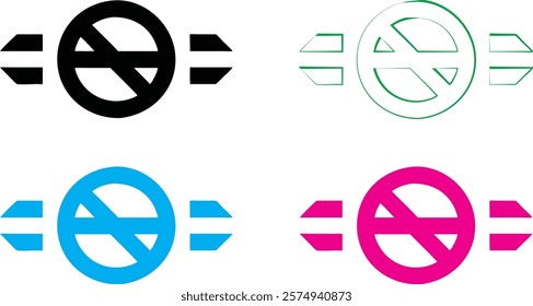 Minimalist icons, no entry symbols, simplified design, black and white outline, colorful variations, blue and pink versions, geometric shapes, flat graphic style, clean lines, vector illustration, abs