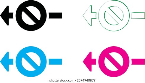 Minimalist icons, no entry symbols, simplified design, black and white outline, colorful variations, blue and pink versions, geometric shapes, flat graphic style, clean lines, vector illustration, abs