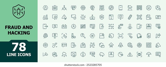 Minimalist icons related to fraud, scams and cyber crime. Cyber security icons pack. Linear icon collection. Editable stroke. Vector illustration.