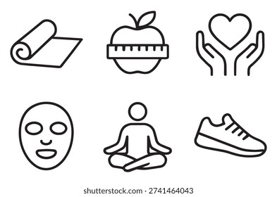 Minimalist icons represent various aspects of a healthy lifestyle, from fitness to mindfulness.