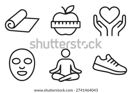 Minimalist icons represent various aspects of a healthy lifestyle, from fitness to mindfulness.