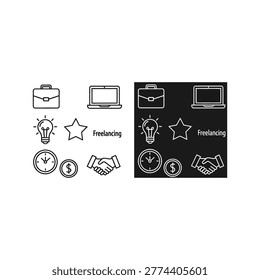 Minimalist icons representing freelancing with a laptop, briefcase, clock, money, handshake, star, and lightbulb on a black background.