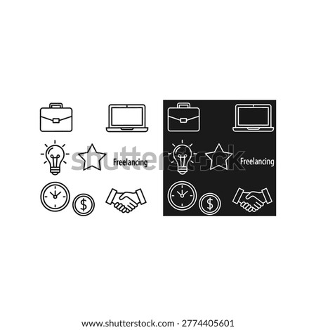 Minimalist icons representing freelancing with a laptop, briefcase, clock, money, handshake, star, and lightbulb on a black background.