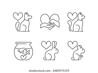 Minimalist Icons Representing Love For Animals, Featuring Dogs And Cats With Heart Symbols. Simple Line Art Symbols