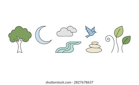 Minimalist icons representing natural elements like tree, moon, clouds, river, bird, zen stones, and green leaves.