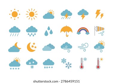 Minimalist icons representing a weather forecast. They depict the sun, clouds, rain, snow, lightning, and a thermometer. It is a modern graphic design suitable for mobile apps and user interfaces.