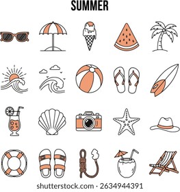 Minimalist icons set with beach and vocation elements