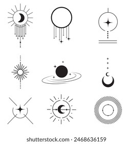 Minimalist icons set, celestial and geometric line art symbols, including stars, moons, constellations, the sun, and shooting stars icons, and various spaces in black on a white isolated background