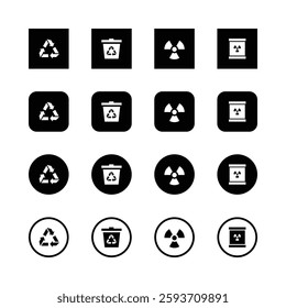 Minimalist icons, waste management symbols, recycling logo, trash bin icon, radioactive hazard symbol, nuclear waste barrel, black and white design, simple geometric shapes, environmental safety icons