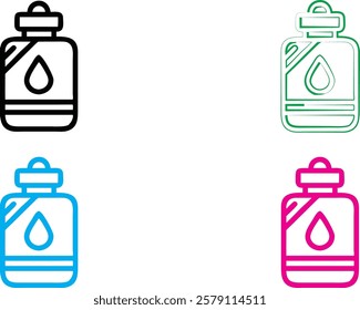 Minimalist icons, water bottles, colorful outlines, black green blue pink, droplet symbol, simplified design, clean lines, square composition, hydration concept, flat graphic style, bold colors, geome