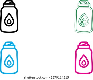 Minimalist icons, water bottles, colorful outlines, black green blue pink, droplet symbol, simplified design, clean lines, square composition, hydration concept, flat graphic style, bold colors, geome