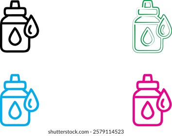 Minimalist icons, water bottles, colorful outlines, black green blue pink, droplet symbol, simplified design, clean lines, square composition, hydration concept, flat graphic style, bold colors, geome