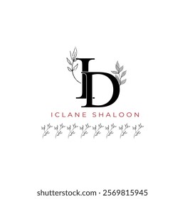 Minimalist ID Monogram with Botanical Illustration.Elegan Initial DI Logo with Floral Element. Wedding logos, hand drawn elegant, delicate and minimalist,black and white vintage logo for beauty shop.