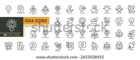Minimalist Idea line icons set with editable stroke, featuring great solution, collaboration, idea generation, solution, key idea, originality, burn, sugestion, concept. thin linear illustration.