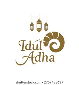 Minimalist Idul Adha greeting featuring gold typography, a sacrificial goat horn symbol, and hanging lanterns on a white background. Ideal for Islamic religious holiday celebrations.