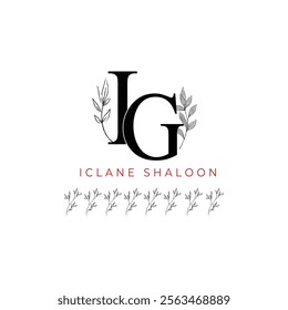 Minimalist IG Monogram with Botanical Illustration.Elegan Initial GI Logo with Floral Element. Wedding logos, hand drawn elegant, delicate and minimalist,black and white vintage logo for beauty shop.