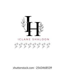 Minimalist IH Monogram with Botanical Illustration.Elegan Initial HI Logo with Floral Element. Wedding logos, hand drawn elegant, delicate and minimalist,black and white vintage logo for beauty shop.