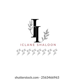 Minimalist II Monogram with Botanical Illustration.Elegan Initial II Logo with Floral Element. Wedding logos, hand drawn elegant, delicate and minimalist,black and white vintage logo for beauty shop.