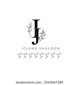 Minimalist IJ Monogram with Botanical Illustration.Elegan Initial JI Logo with Floral Element. Wedding logos, hand drawn elegant, delicate and minimalist,black and white vintage logo for beauty shop.