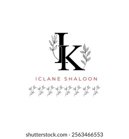 Minimalist IK Monogram with Botanical Illustration.Elegan Initial KI Logo with Floral Element. Wedding logos, hand drawn elegant, delicate and minimalist,black and white vintage logo for beauty shop.