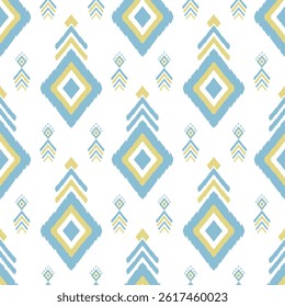 Minimalist Ikat Diamond Pattern with Arrows in Soft Blue and Yellow on White Background