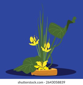 Minimalist Ikebana Flower Arrangement Vector – Yellow Orchid on Blue Background