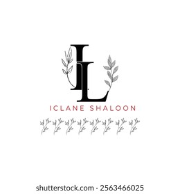 Minimalist IL Monogram with Botanical Illustration.Elegan Initial LI Logo with Floral Element. Wedding logos, hand drawn elegant, delicate and minimalist,black and white vintage logo for beauty shop.