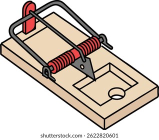 A minimalist illustrated depiction of a wooden mouse trap with a spring mechanism.