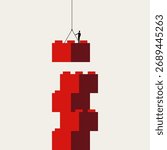Minimalist illustration and abstract business vector symbol. Represents growth, hard work, and development, showing a person building a tower with blocks.