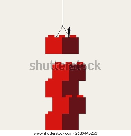 Minimalist illustration and abstract business vector symbol. Represents growth, hard work, and development, showing a person building a tower with blocks.