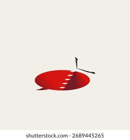Ilustración minimalista y Vector abstracto de una silueta mirando a un agujero de burbuja de discurso. Representa el peligro de comentarios negativos, críticas o acoso en línea.
