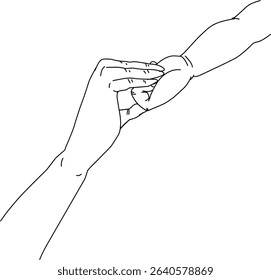 Minimalist Illustration of Adult Hand Holding Child's in Symbol of Bond. Elegant line drawing of an adult hand holding a child's hand, symbolizing love, connection, and care. Perfect for themes relate