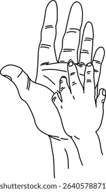 Minimalist Illustration of Adult Hand Holding Child's in Symbol of Bond. Elegant line drawing of an adult hand holding a child's hand, symbolizing love, connection, and care. Perfect for themes relate