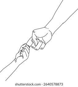 Minimalist Illustration of Adult Hand Holding Child's in Symbol of Bond. Elegant line drawing of an adult hand holding a child's hand, symbolizing love, connection, and care. Perfect for themes relate