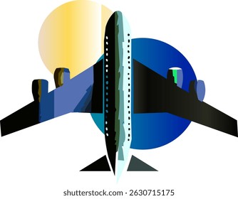 Minimalist illustration of an airplane silhouette flying across overlapping circles that represent different times of day — night with stars and moon