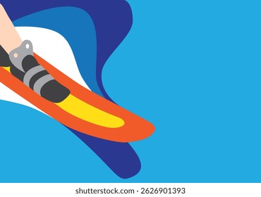 Minimalist illustration of an athlete practicing water skiing with one ski, on a dynamic blue background and ripples of waves with ample copy space