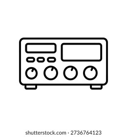 Minimalist illustration of an audio amplifier with knobs and buttons on a plain white background
