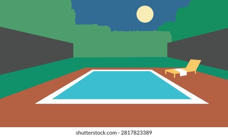Minimalist illustration of a backyard swimming pool at night with swimming