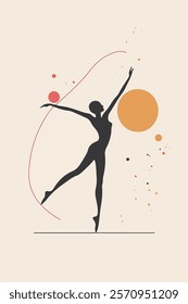 A minimalist illustration of a ballet dancer in a graceful pose, set against a backdrop of flowing, abstract waves in warm and cool colors.
