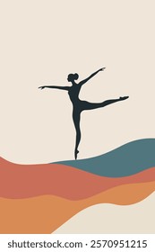 A minimalist illustration of a ballet dancer in a graceful pose, set against a backdrop of flowing, abstract waves in warm and cool colors.
